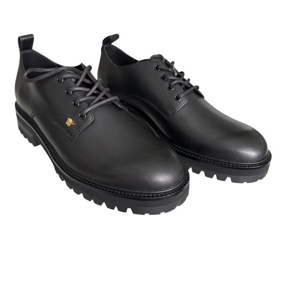 Versace 1014646 Men's Black 100% Leather Small Gold Logo Medusa Derby Shoes 44